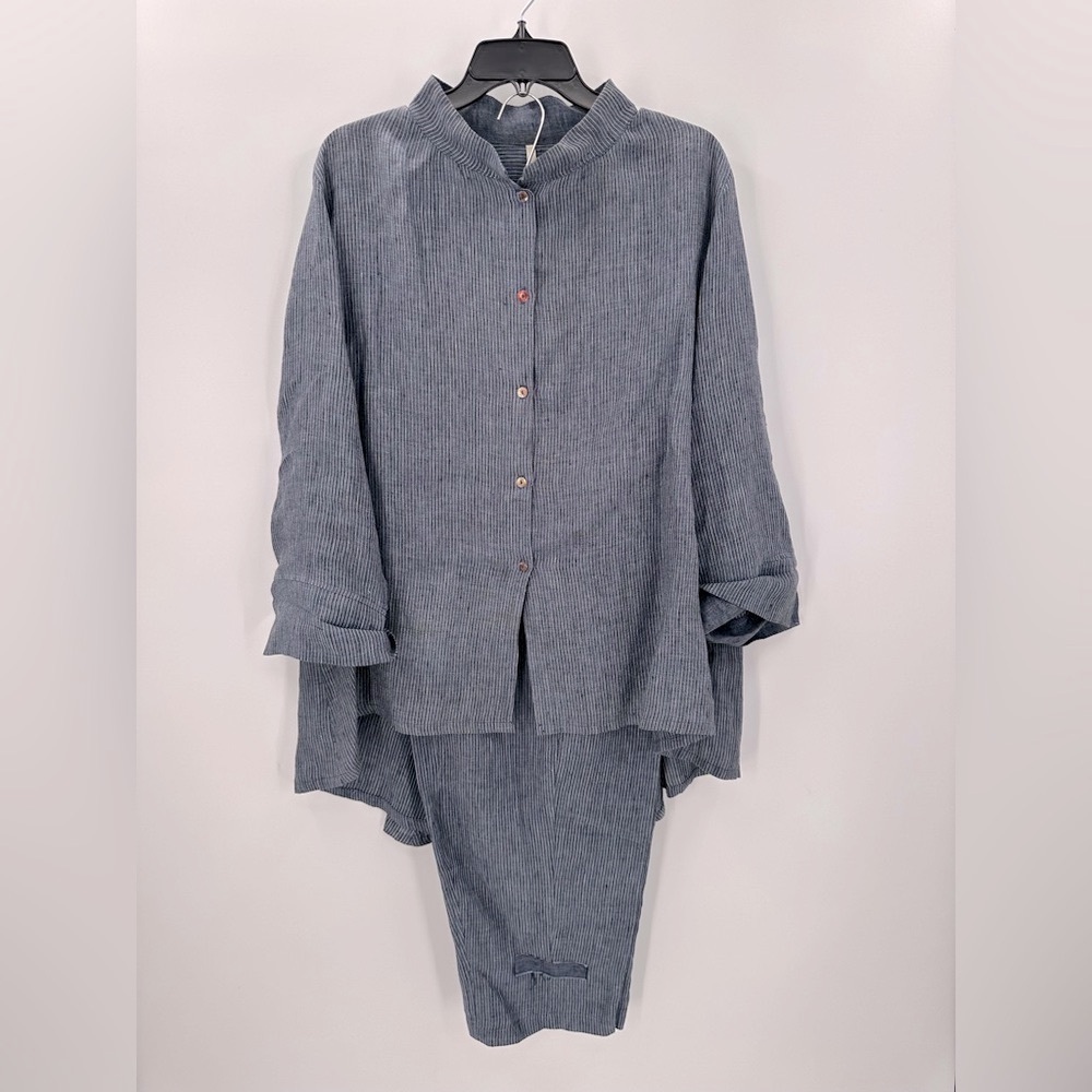 KIYO USA Blue Stripe Tunic Top + Relaxed Fit Pants Set Art to Wear Large XL FLAW